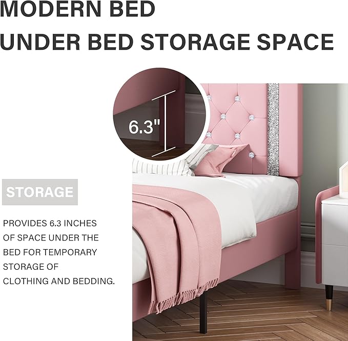 BarnFurin Full Size Bed Frame, Upholstered Platform Bed with Button Tufted Headboard, Princess Bed Frame with Diamond Design, No Box Spring Required, Easy Assembly, Pink