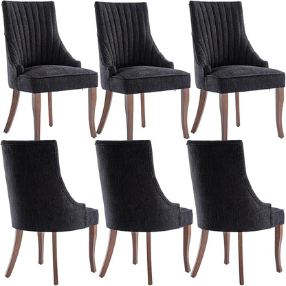 mikibama Linen Dining Chairs Set of 6 Channel Tufted Kitchen Dinner Chair Comfy Fabric Upholstered Accent Chair for Dining Room with Solid Wood Legs (Black 6pc)