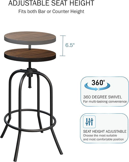 Lavish Home Swivel Bar Stools - Set of 2 Adjustable Barstools for Counter or Bar Height with Round Wood Seat and Iron Tube Frame for Kitchen (Brown)