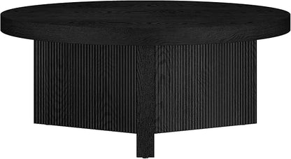 Henn&Hart 36" Fluted Round Low-Profile Coffee Table with Ribbed Pedestal Base for Living Room, Family Room, or Office, Black Grain