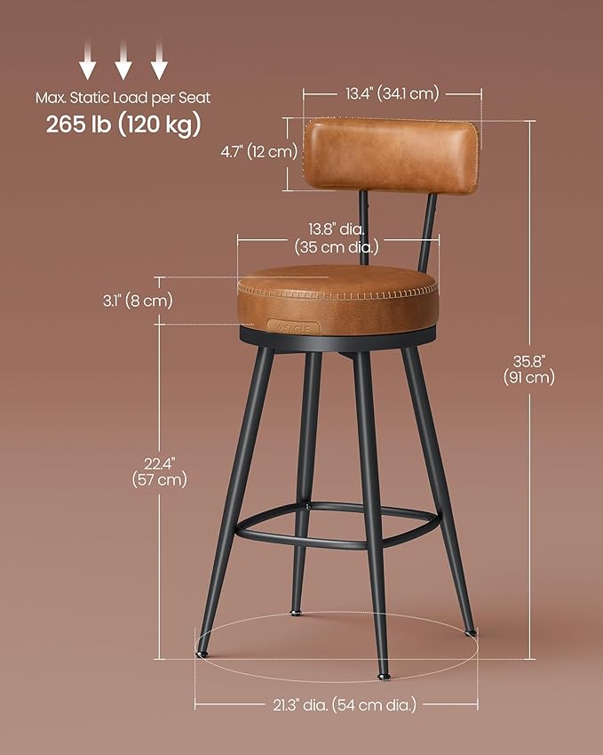 VASAGLE EKHO Collection - Bar Stools Set of 2, Swivel Counter Height Bar Stools with Back, Synthetic Leather with Stitching, Mid-Century Modern, 25.6-Inch Tall Barstools for Kitchen Bar, Caramel Brown