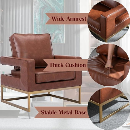 Modern Accent Chair Set of 2, PU Leather Upholstered Side Chair with Backrest, Comfy Armchair Side Chair with Golden Metal Base for Living Room Reception Room, Brown