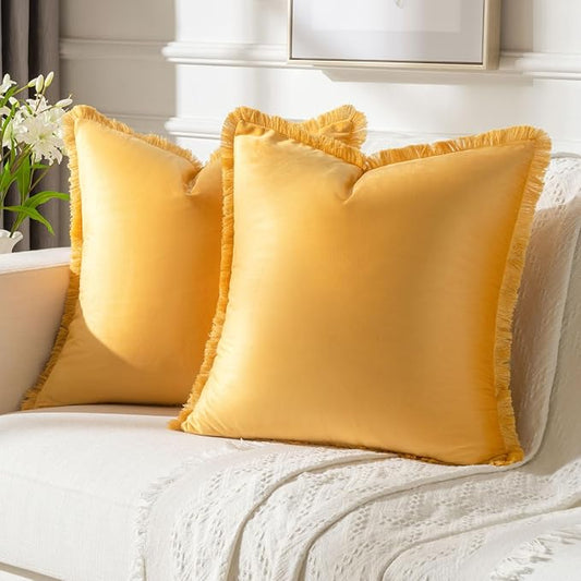 FUTEI Orange Velvet Decorative Throw Pillow Covers 18x18 Set of 2,Soft Cozy Edge with Tassels Cushion Case,Boho Modern Home Decor for Couch Bed Living Room