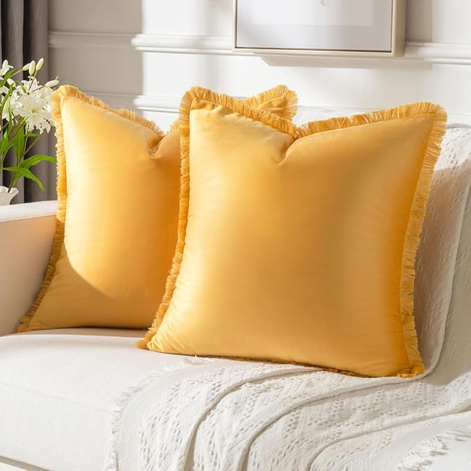 FUTEI Orange Velvet Decorative Throw Pillow Covers 26x26 Set of 2,Soft Cozy Edge with Tassels Euro Pillow Shams,Boho Modern Home Decor for Couch Bed Living Room