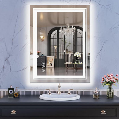 WTTY LED Bathroom Mirror with Backlit and Front Light, 27.5" X 35.4" Stepless Dimmable LED Mirror for Bathroom,Anti-Fog Lighted Bathroom Vanity Mirror Modern,Memory Function,Shatter-Proof