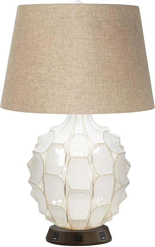 Possini Euro Design Cosgrove Mid Century Modern Table Lamp with USB and AC Power Outlet Workstation Charging Base 26.5" High Textured White Ceramic Light Brown Linen Drum Shade for Living Room