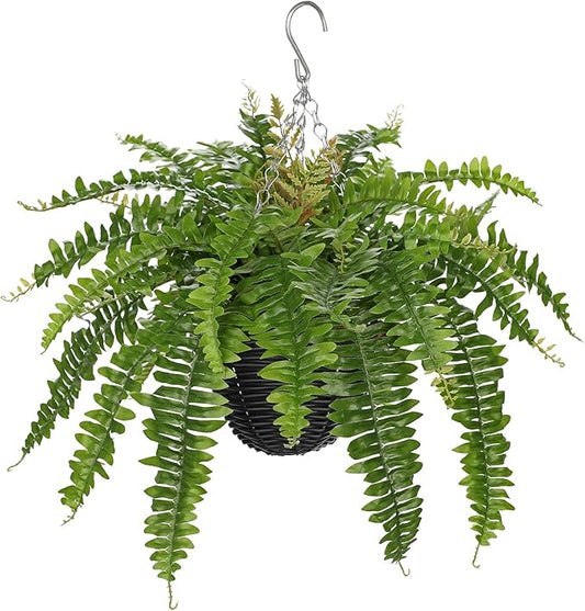 Hollyone Artificial Fern Hanging Basket Plant 25" Boston Ferns 31 Leaves Greenery Plants with Rattan Pot for Outdoors & Indoor Fake Fern Bush Plant in Pot for Patio Entrance Porch Garden Decor Green