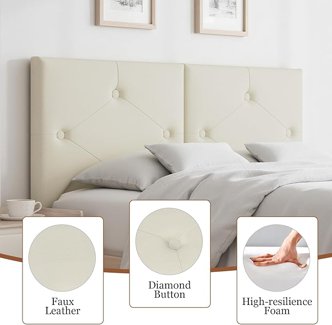 King Size Headboard, Faux Leather Headboard with Solid Wood & Sturdy Metal Legs, Adjustable Height Bed Headboards King Tufted Upholstered in Modern Button Design, Ivory