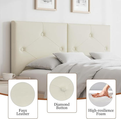 Modern Queen Headboard, Upholstered Faux Leather Bed Headboard with Solid Wood & Sturdy Metal Legs, Tufted Adjustable Height Headboards in Button Design, Ivory