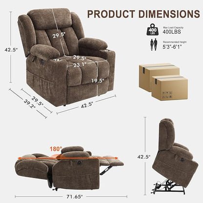 Dual Motor Lift Recliner Chair - Durable Heavy Duty Steel Mechanism Chenille Fabric High-Density Sponge, USB & Type-C Port Brown Standing Assistance Reclining Chair