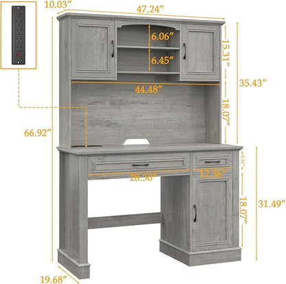 Farmhouse 47" Executive Desk with Hutch, 2 Drawers and LED Light, Computer Desk with Storage Cabinet and Charging Station,Workstation for Home Office and Study.Grey