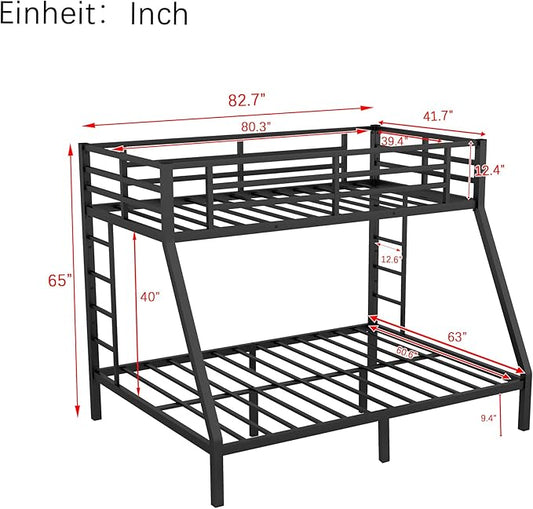Bellemave Twin XL Over Queen Bunk Bed for Adults, Twin XL Over Queen Bunk Beds Frame with 2 Ladder and Full Length Guardrail, Easy Assemble, Mattress Not Included, Black