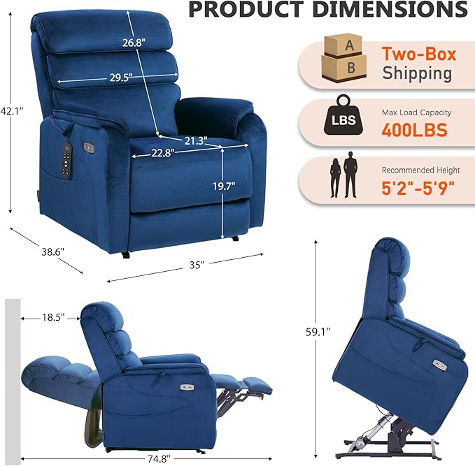 EONIX Dual Motor Lay Flat Power Lift Recliner Chair for Elderly, Chenille Fabric Electric Lift Chairs for Adults, 400lbs Heavy Duty Power Recliner with Heat Massage Charging Ports, Chenille Blue