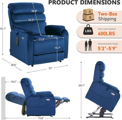 EONIX Dual Motor Lay Flat Power Lift Recliner Chair for Elderly, Chenille Fabric Electric Lift Chairs for Adults, 400lbs Heavy Duty Power Recliner with Heat Massage Charging Ports, Chenille Blue