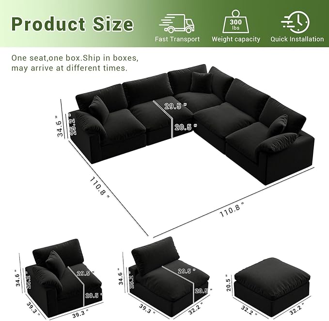 Cloud Modular Sectional Sofa,211.6" Down Filled Sofa 5 Seat with Chaise,Minimalist Sofa Cover Washable and Replaceable Couches for Living Room,Sectional Sofa Deep Seat Black