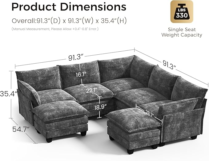 KKL 120" Modular Sectional Sofa, Large V Shape 7 Seater Convertible J/L/U-Shaped Modern Sectional Couch with Ottoman, Chenille Sectional Couches for Living Room, Apartment, Grey