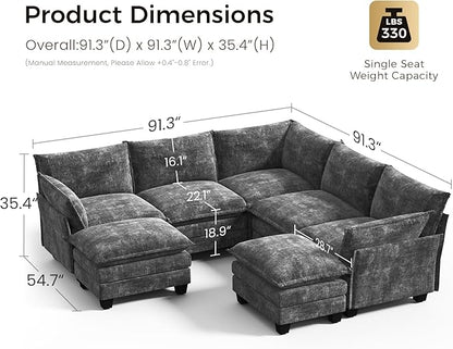 KKL 120" Modular Sectional Sofa, Large V Shape 7 Seater Convertible J/L/U-Shaped Modern Sectional Couch with Ottoman, Chenille Sectional Couches for Living Room, Apartment, Grey