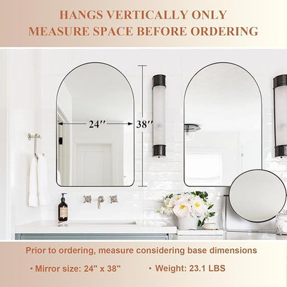 ANDY STAR Arched Mirror, 24" x 38" Brushed Nickle Bathroom Mirror in Stainless Steel Metal Frame, Arch Top Rounded Corner 1" Deep Set Design Wall Mount Hangs Vertical