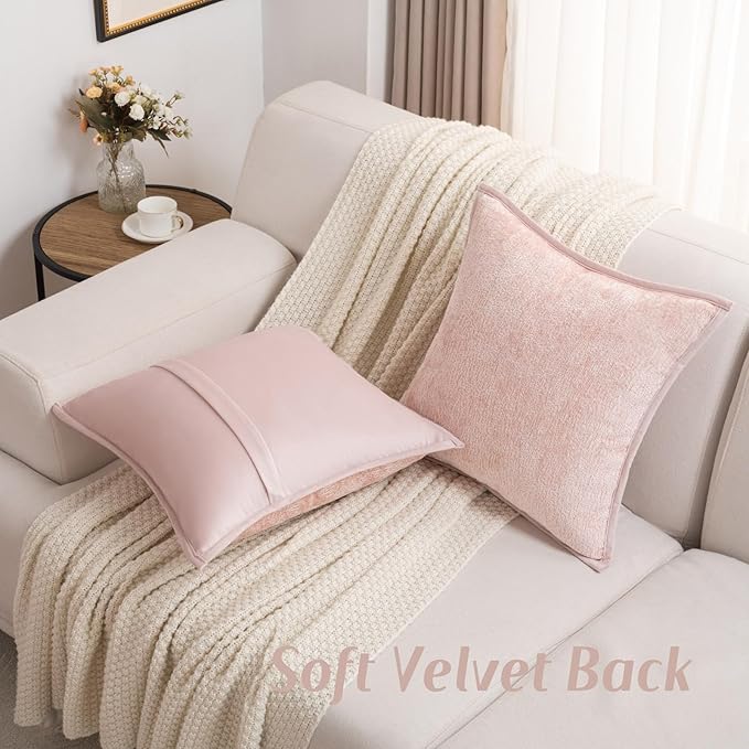 FUTEI Pink Chenille Throw Pillow Covers 22x22 Inch Set of 2,Soft Cozy Bound Edge Design Cushion Case,Home Decor for Couch Bed Living Room