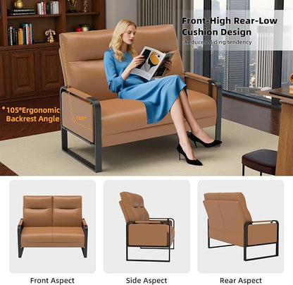 Modern Leather Loveseat, Small Sofa with Side Tray & Pocket, Upholstered Mini Couch for Living Room, Office, Guest Room, Brown