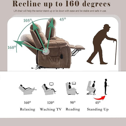 Power Lift Recliner Chair with Massage and Heating Functions,Velvet Sofa with 2 Remote Controls and Two Cup Holders,Recline up to 160 Degrees,Suitable for Living Room