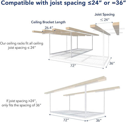 FLEXIMOUNTS 3x6 Overhead Garage Storage Adjustable Ceiling Rack 72" Length x 36" Width x 40" Height, 450lbs Weight Capacity, White, Classic Series