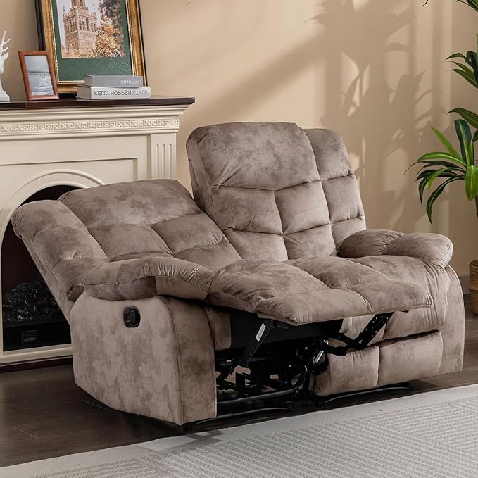 EBELLO Manual Loveseat Recliner for Living Room, Extra Wide Modern Overstuffed 2 Seat Reclining Couch Sofa, Breathable Fabric and Padded Cushion, Light Brown
