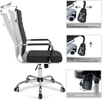 Home Office Chair Ribbed, Modern Leather Conference Room Chairs, Ergonomic Office Desk Chair, High Back Executive Computer Chair, Adjustable Swivel Chair with Arms (Black)