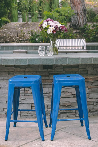Vogue Furniture Direct 24 Inch Metal Bar Stools, Backless Counter Height Barstools, Indoor Outdoor Stackable Stools with Square Seat, Set of 4 (Blue)