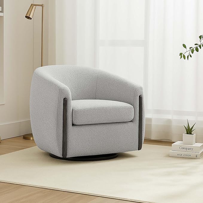 CHERS Aspen Swivel Accent Chair with Wood Accents, Bouclé Upholstered Armchair for Living Room, 360° Swivel Barrel Chair with High-Density Cozy Foam Cushioning, Modern Design, Light Gray