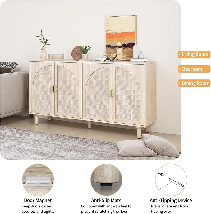 Beige Rattan 4-Door Buffet Cabinet - Boho Style Sideboard with Storage for Dining & Living Room