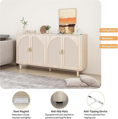 Beige Rattan 4-Door Buffet Cabinet - Boho Style Sideboard with Storage for Dining & Living Room