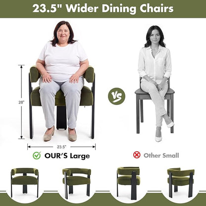Modern Dining Chairs Set of 4, Upholstered Velvet Barrel Accent Chairs with Backrest & Arms, Wide and Thicker Padded Kitchen Side Chair with Wooden Legs for Dining Room, Livingroom, Dark Green