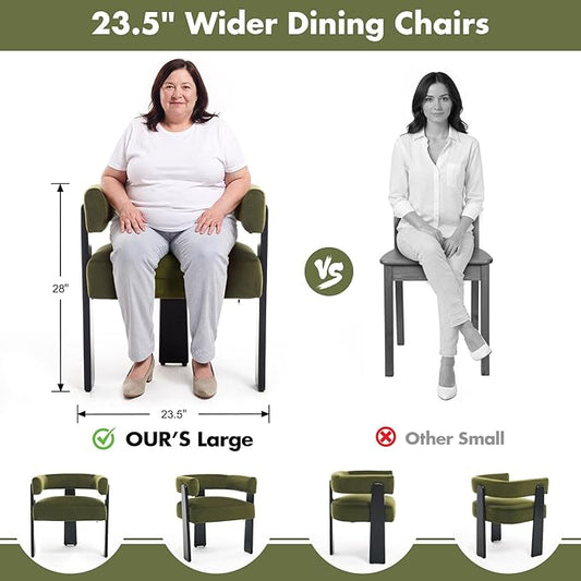 Modern Dining Chairs Set of 6, Upholstered Velvet Barrel Accent Chairs with Backrest & Arms, Wide and Thicker Padded Kitchen Side Chair with Wooden Legs for Dining Room, Livingroom, Dark Green