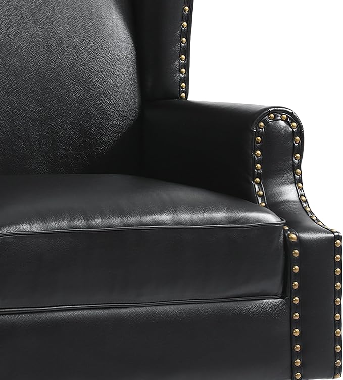 Pia Ricco High Back Floral Accent Chair - Retro Wingback Upholstered Armchair in Faux Leather, Nailhead Trim & Solid Wood Legs for Living Room Bedroom Reading Chair（Black
