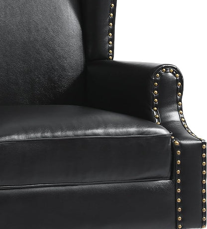 Pia Ricco High Back Floral Accent Chair - Retro Wingback Upholstered Armchair in Faux Leather, Nailhead Trim & Solid Wood Legs for Living Room Bedroom Reading Chair（Black