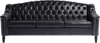 LEVNARY Mid-Century Modern Leather Couch, 80" Large Upholstered Sofa with High Back, Chesterfield Sofa Sleeper Settee with Solid Wood Legs, Tufted 3 Seater Wide Couches for Living Room Office (Black)