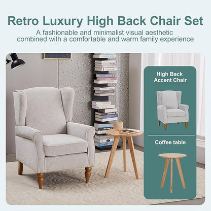 Modern High - Back Accent Chair and Side Table Set - Upholstered Wingback Armchair for Living Room, Bedroom,Office(Beige)