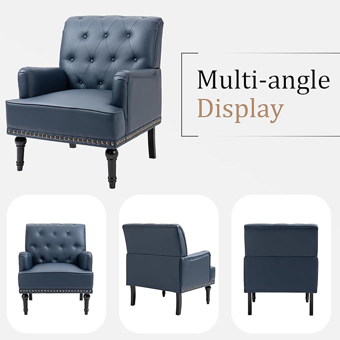 MOJAY PU Leather Accent Chair, Mid-Century Armchair Living Room Sofa Chair with Rubber Wood Leg, Club Chair with Rivet Trim for Bedroom Reading Room Reception (DarkBlue)