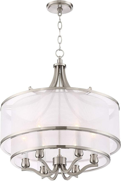 Possini Euro Design Luxe Nickel Pendant Light - 6 Light, Brushed Nickel Finish, White Organza Shade, Luxe Modern Pendant for Kitchen Islands, Dining Rooms, and Living Rooms - 26" Wide, 23" High
