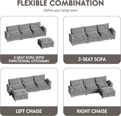 Homall 119" Modular Sectional Sofa, L Shaped Sofa Couch with Reversible Ottoman, DIY Combination Chenille Deep 3-Seat Cloud Couch for Living Room, Apartment (Light Grey, L Shaped Sofa)