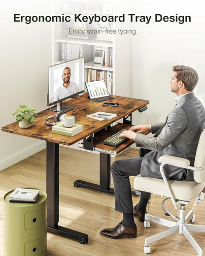 Casaottima Electric Standing Desk with Keyboard Tray, 40 Inch Height Adjustable Small Table, Sit Stand Table, Writing Computer Desk for Home, Office, Workstation, Rustic Brown