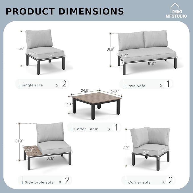MFSTUDIO Patio Furniture Set,8 Seat Outdoor Sectional Sofa Patio Conversation Set with 1×Coffee Table for Backyard,Garden,Deck