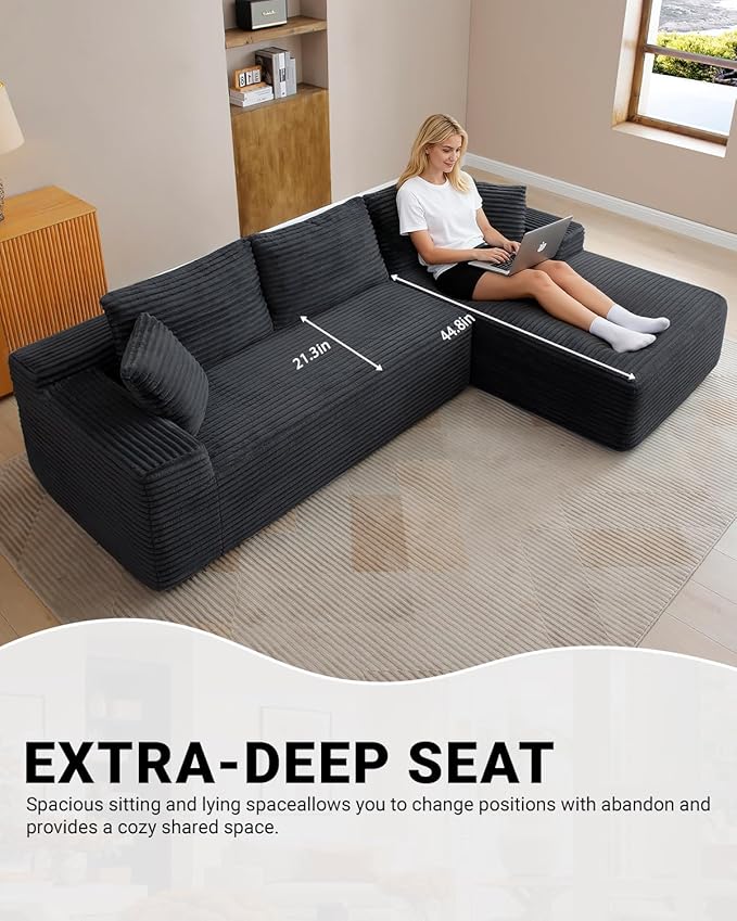 95 Inch Cloud Sectional Couch,Modular Sectional Sofa with Deep Seat,Modern Corduroy Boneless Couches with L-Shape Chaise for Living Room Bedroom,No Assembly Required (Black, Right Facing Chaise)