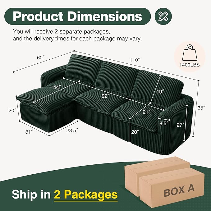 110'' Boneless Modular Cloud Couch for Living Room, Comfy Cloud Modular Sectional Couch with Ottoman, Convertible L Shaped Couches for Apartment, Dorm, No Assembly Required, Green Corduroy