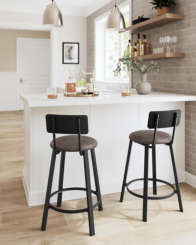 VASAGLE Bar Stools, Set of 2 PU Upholstered Breakfast Stools, 29.7-Inch Barstools with Back and Footrest, Simple Assembly, for Dining Room Kitchen Counter, Classic Black and Coffee Brown ULBC059B82