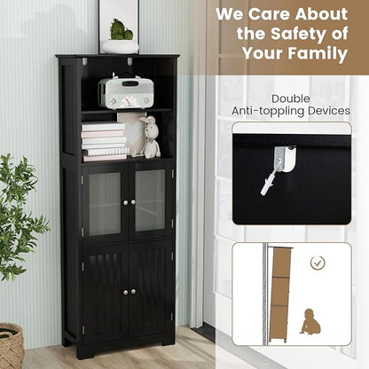LOKO Tall Bathroom Cabinet, Modern Storage Organizer with Doors & Open Shelves, Wooden Floor Cabinet with Adjustable Shelves for Bathroom, Living Room or Kitchen (Black)