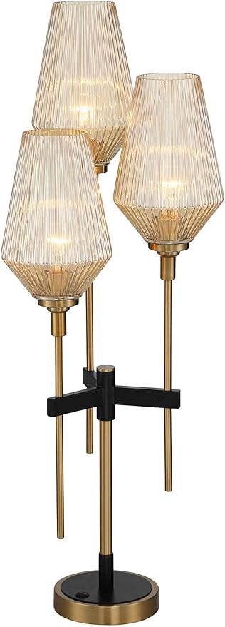 Possini Euro Design Axiom Modern Console Table Lamp 39" Tall Brass Gold Black Metal Champagne Ribbed Glass Shade for Bedroom Living Room House Home Bedside Nightstand Office Entryway Kids Family