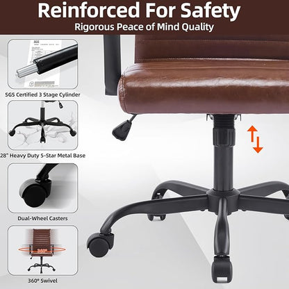 Office Chair, Ergonomic Executive Conference Room Chairs, Ribbed Leather Desk Chair with Lumbar Support, Adjustable Height Mid-Back Swivel Chair with Padded Seat