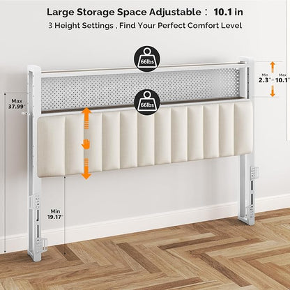 VINGLI Queen Size Headboard Only, Adjustable Upholstered Headboard with 2 Tier Shelves and Pegboard with Charging Stations and LED Lights, Modern Bed Headboard with Storage for Bedroom Decor